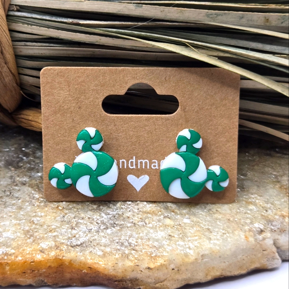 Candy Cane Mickey Mouse Earrings Disney Green White Pierced Stud Light Weight
